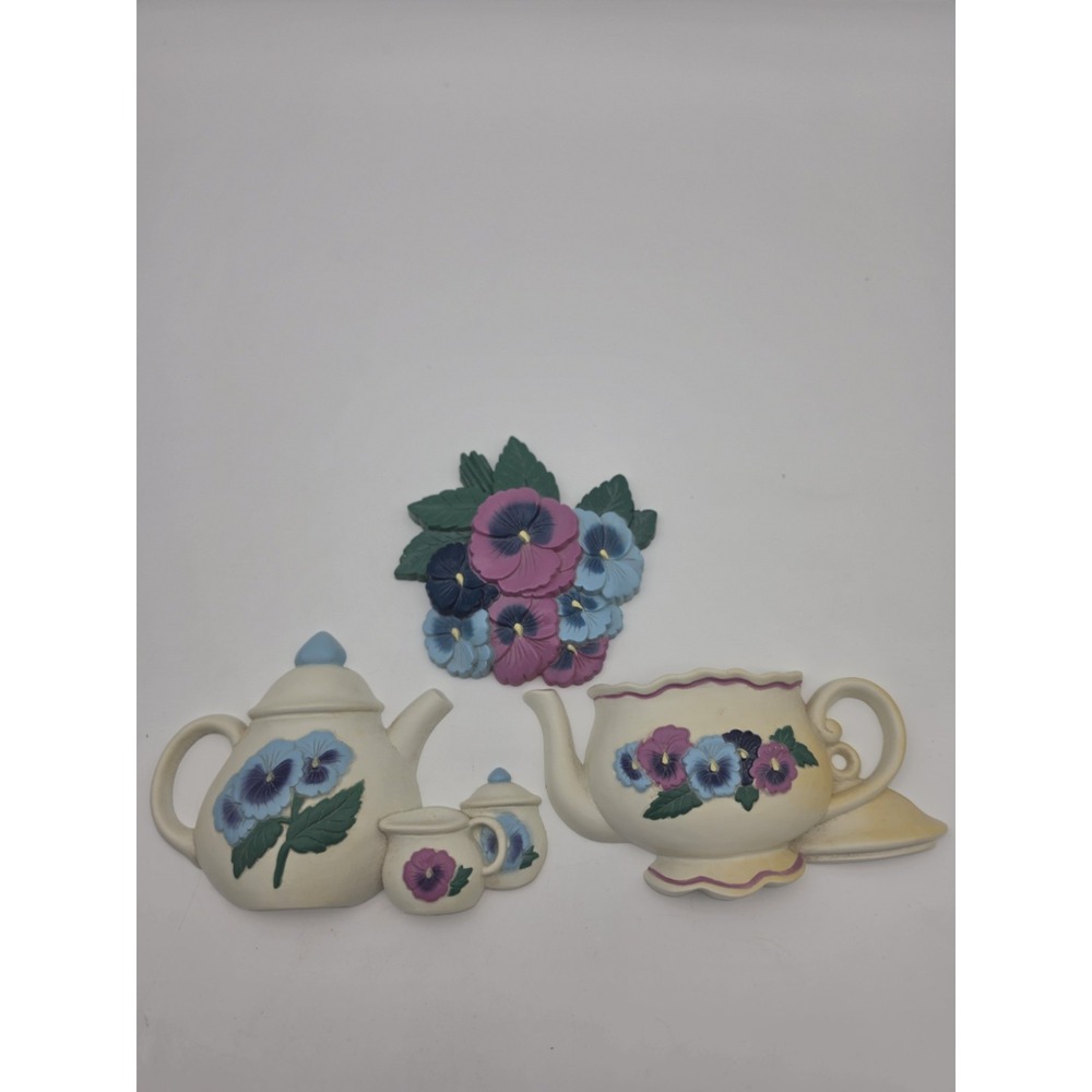VTG Home Interiors Teapot Pansies 90s Wall Decor Hanging Granny Cottagecore MCM